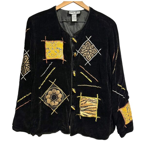 Indigo Moon Women's Size Large Embroidered Button-Up Jacket Black Art Vintage - Picture 1 of 9